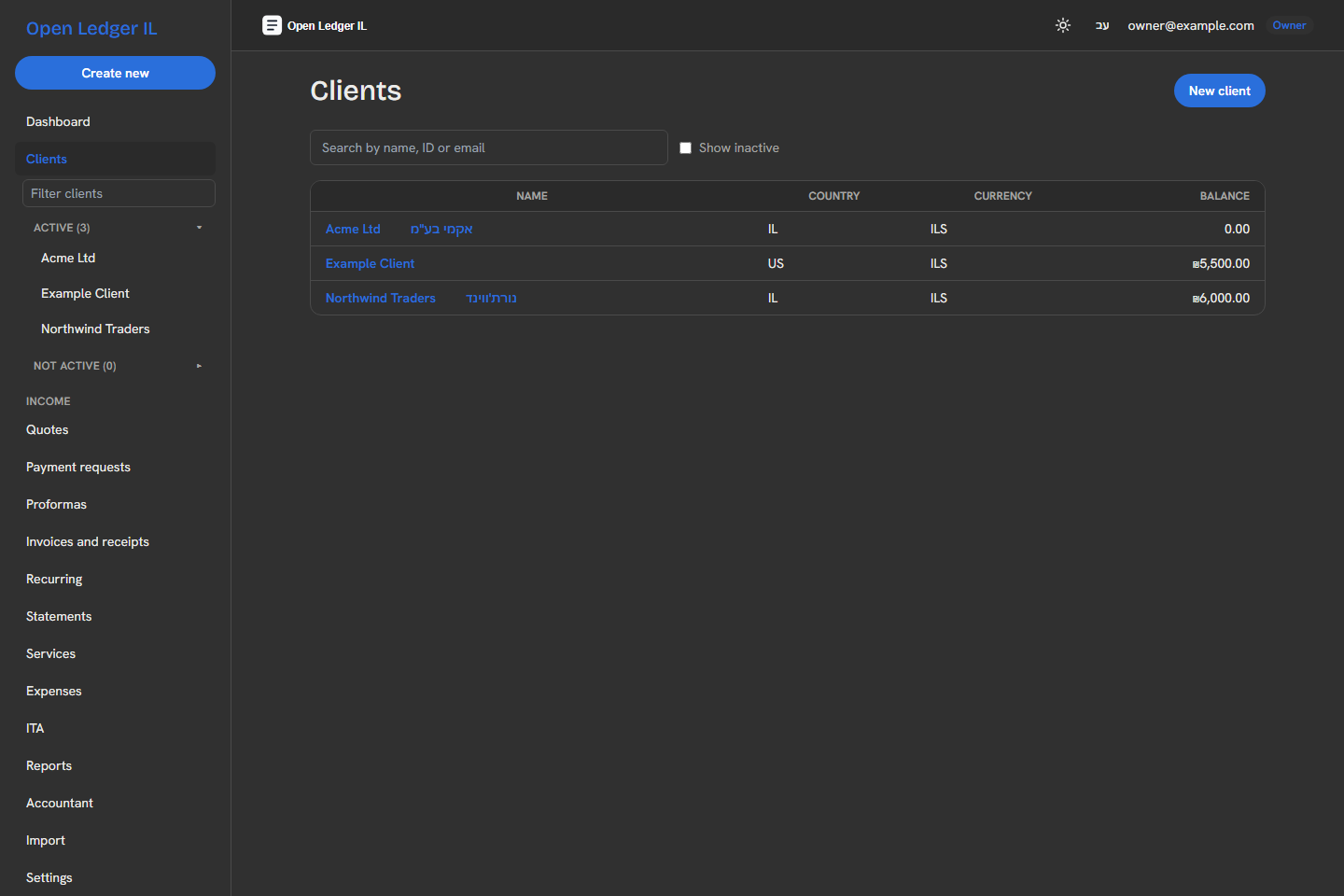 Client page with details, contacts and ledger