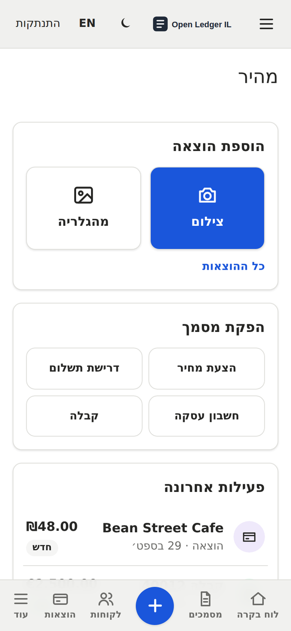 מסך מהיר עם כפתורי מצלמה וגלריה וקיצורי מסמכים